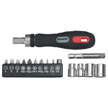 Отвертка реверсивная с набором бит и насадок торцевых CrV 1/4",16шт MATRIX 