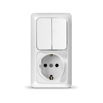 Блок Выкл. 2кл. + розетка с/з верт. бел ОЛИМП