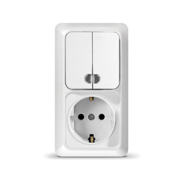 Блок Выкл. 2кл. с подсветкой + розетка с/з верт. бел ОЛИМП