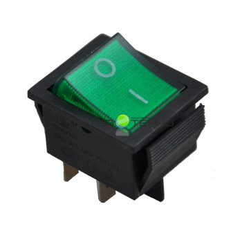 Выключатель клавишный ON-OFF, 250V, 16А (2*2с), зеленый с подсветкой, REXANT