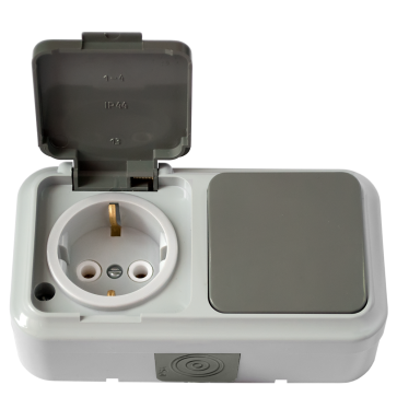 Блок роз с/з с крышкой+1 кл выкл сер ОП Пралеска 16А IP54 В-РЦ-657 (03)