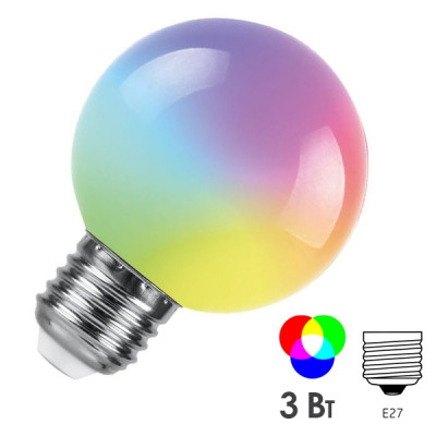 Feron шар G60 E27 3W RGB матовый плавная смена цвета 84х60 д/гирлянды "Белт Лайт" 